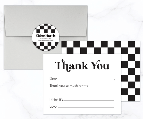 Black & White Checkered • Fill-in-the-Blank Thank You Cards
