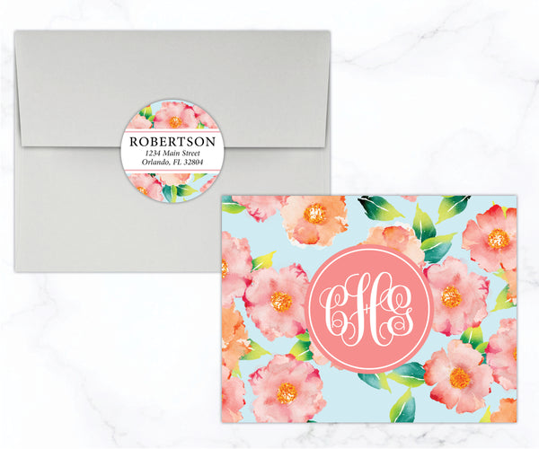 Blue & Pink Floral • Folding Note Cards
