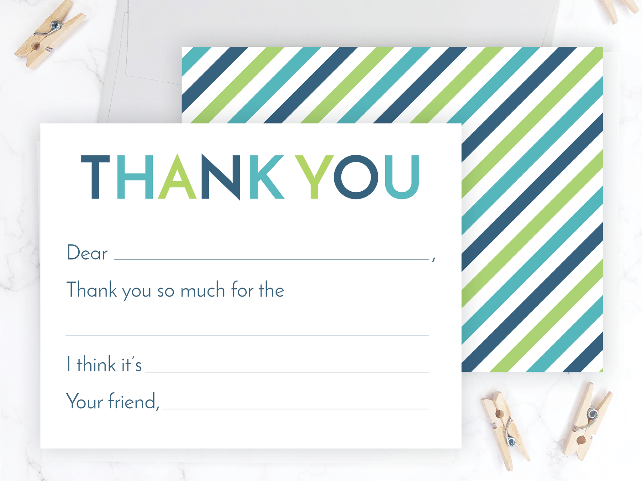 Blue & Green Stripes • Fill-in-the-Blank Thank You Cards