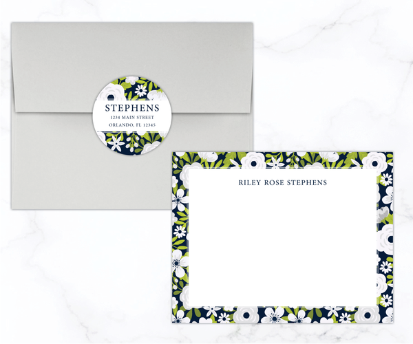 Navy Floral • Flat Note Cards