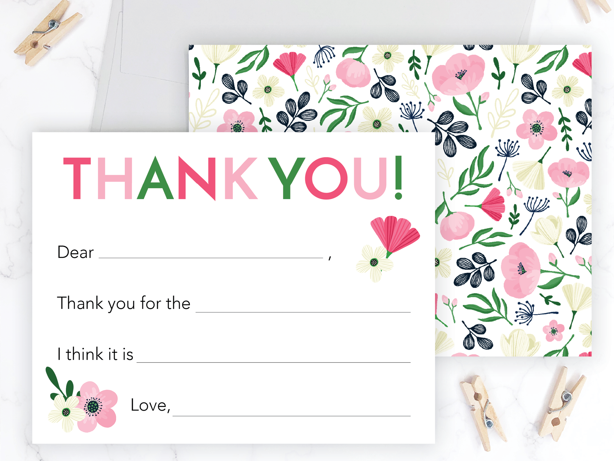Pink and Green Floral • Fill-in-the-Blank Thank You Cards