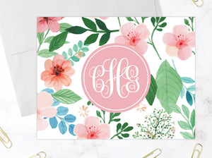 Pink Floral Monogram • Folding Note Cards