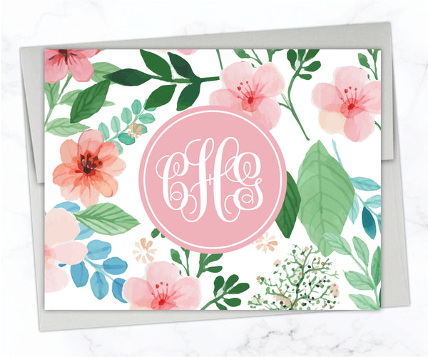Pink Floral Monogram • Folding Note Cards